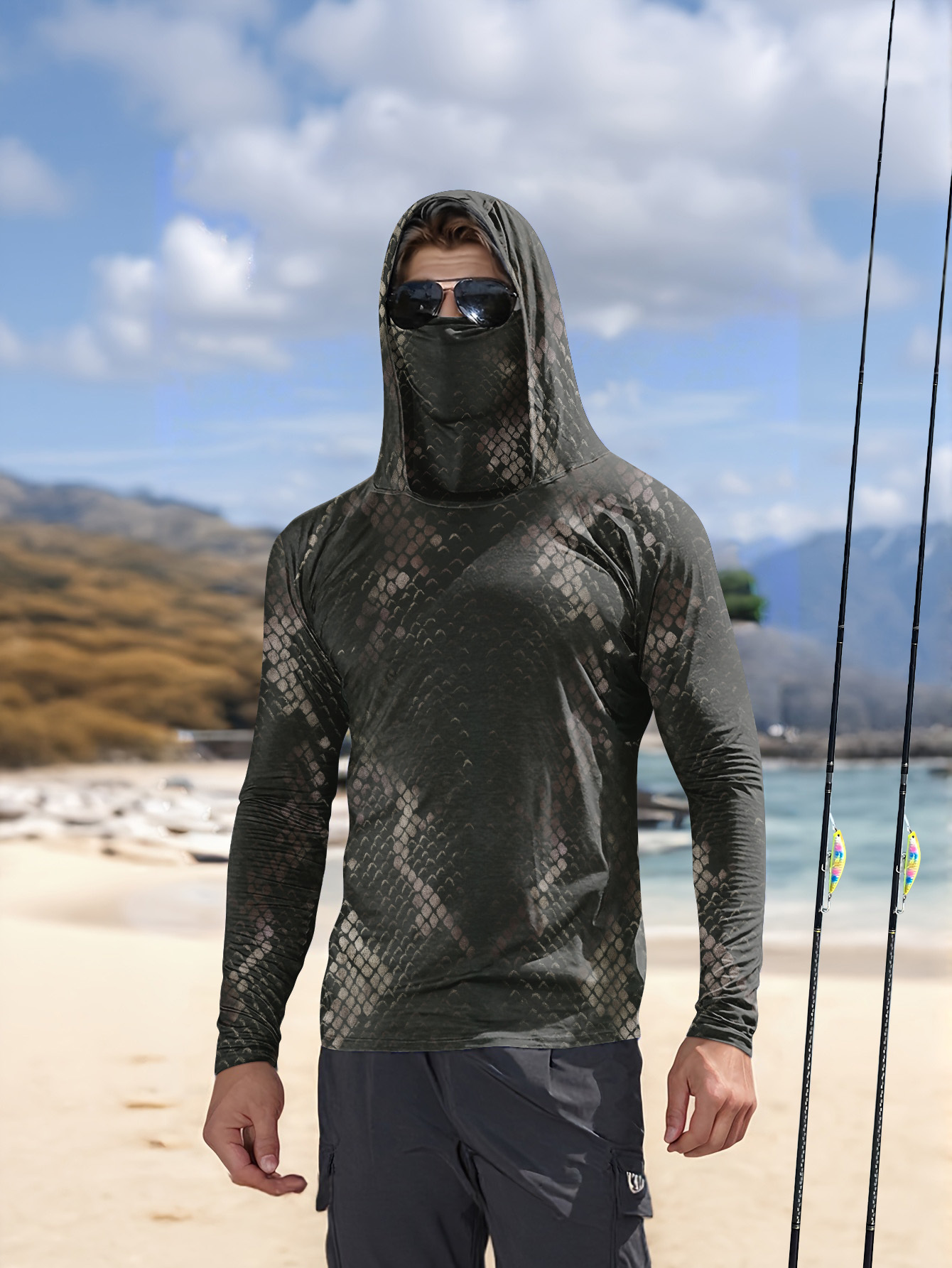Fishing Shirt Uv Protection - Мужская рыболовная рубашка с капюшоном, длинными